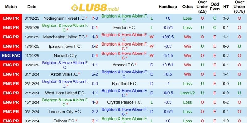 Thành tích gần đây của Brighton